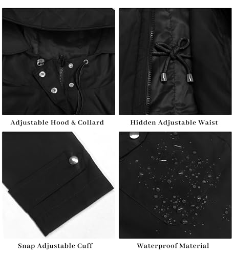 Bloggerlove Women's Medium Black Waterproof Rain Jacket with Hood and Windbreaker Design - Image 6