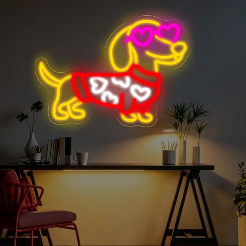 Image of Heart Dog Neon Sign Stylish Dachshund LED Light for Pet Lovers | Pet Room Decor Gift for Dog Mom USB Powered Dimmable Home Wall Room Decoration 16.5 inchx11.8 inch
