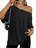 LILLUSORY Off The Shoulder Tops Oversized Tshirts Short Sleeve Basic Tee 2025 Casual Trendy Cute Asymmetrical Summer Fashion Clothes Black M