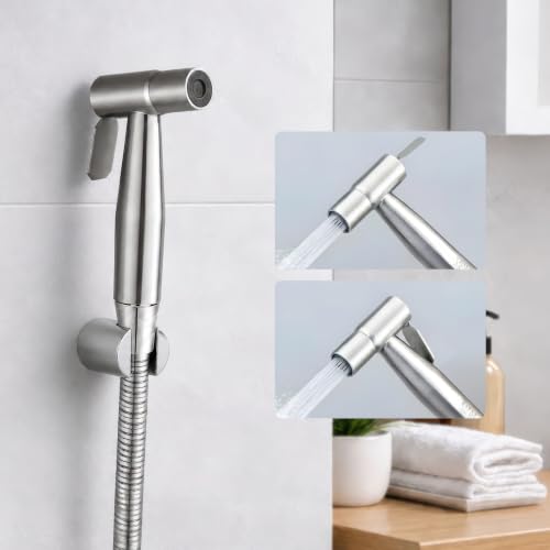 Image of Amazon Basics Pure SS 304 Stainless Steel Health Faucet Set Chrome Finish | Jet Spray Gun with Hose Pipe and Holder for Toilet | Bathroom Bidet Sprayer Kit