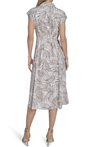 Image of Tommy Hilfiger Women's Cap Sleeve Collared Waist Pleating A-Line Midi Shirt Dress