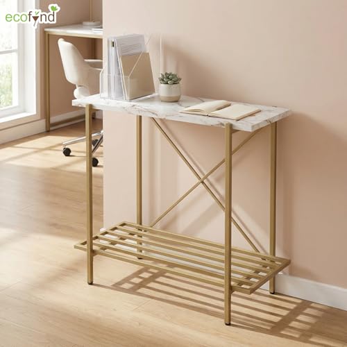 Image of ecofynd 26 Inch 2 Tier Console Table, Metal with Engineered Wooden top for Long Narrow Hallway, Entryway, Living Room, Dining Room, Office, Home Side Table Storage Shelves (WHTGO, CT005)