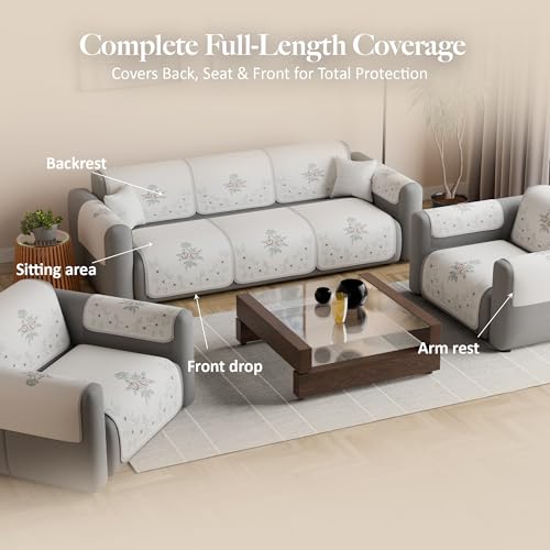 Image of Kuber Industries 5 Seater Sofa with Arm Cover | Slipcover for Living Room | Thick & Cozy | Non-Slip Comfort Sofa Cover Set | Painting Delta 1380 - Cream