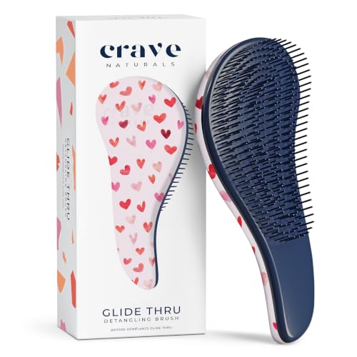 Crave Naturals Glide Thru Hair Brush - Detangler Brush for Curly, Straight, Wet or Dry Hair - Gentle Detangling Brusheses for Adults, Kids, Toddlers - Hair Accessories for Women, 7.5"x3" - Pink Hearts