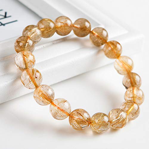 Natural Gold Yellow Rutilated Quartz Crystal Round Bead Bracelet 12mm AAAA2