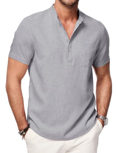 JMIERR Linen Shirts for Men Short Sleeves Casual Button Up Henley Shirt Summer Beach Clothes T Shirts with Pocket, L, Light Grey
