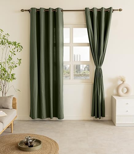 Image of THE LINEN COMPANY Cotton Room Darkening, Light Blocking Curtain 7.5 feet with Eyelet Rings 2 Pcs Set for Living Room, Dining Hall, Hotel, Farm House, (4.5 ft x 7.5 ft, Olive Green)