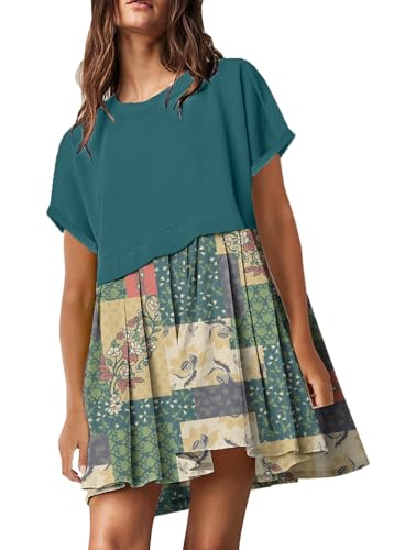 Image of SAUKOLE Womens Summer Crew Neck Short Sleeve Dress Patchwork Pleated A Line Beach Mini Dress