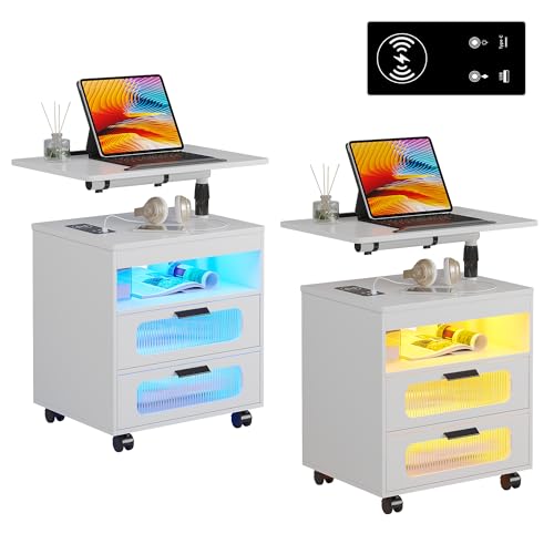 HNEBC LED Nightstand Set of 2 with Charging Station & Adjustable Overbed Desk, 3 Color LED Lights & Body Sensor, Mobile Bedside Table with Wheels, 2 Drawers & Open Shelf for Bedroom(White)