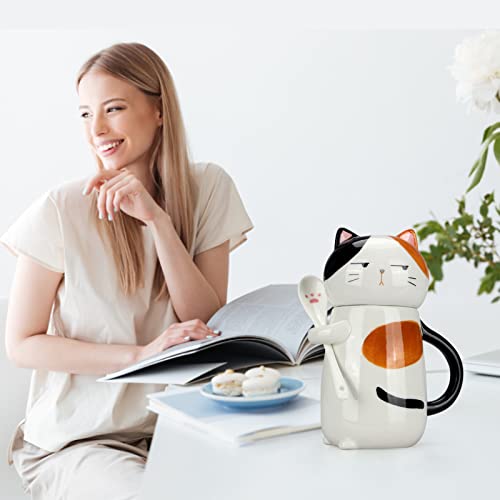 15 oz Cute Ceramic Coffee Mug with Lid and Spoon Adorable Cat Tea Cup for Women Ladies 3D Kawaii Cat Coffee Mug Lover Gift Porcelain Novelty Pusheen Kitty Tea Mug
