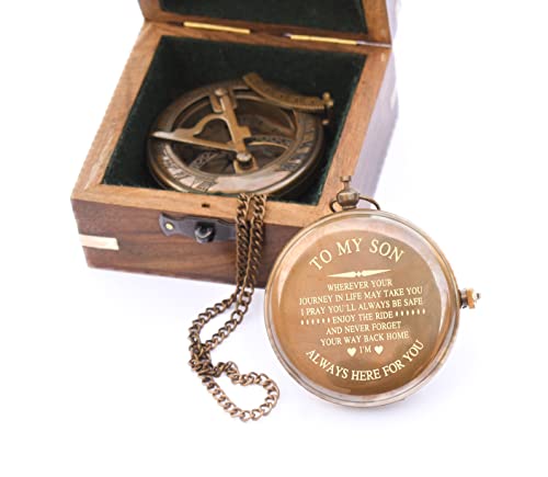 Brújula de sundial personalizada para hijo con estuche | Regalo único para hijo, de papá a hijo, de mamá a hijo, regalo para nieto | Brújula de bolsillo con grabado inspirador (estuche de madera) miniatura 2