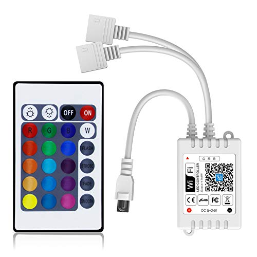 Smart WiFi RGB/GBR 2-in-1 LED Controller, Compatible with Alexa/Google Assistant, for 5050/3528 LED Strip Light, Have 24 Key Remote Control,Support Android iOS System