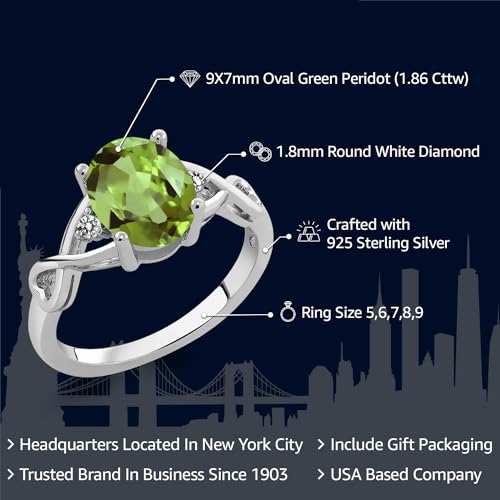 Gem Stone King 925 Sterling Silver Green Peridot and White Diamond 3 Stone Ring For Women (1.86 Cttw, Gemstone Birthstone, Available In Size 5, 6, 7, 8, 9)2