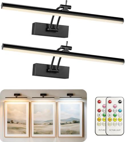 Yuichoy 2 Pack Picture Lights for Wall Battery Operated, 16 inch Wireless Art Lighting for Painting, 6 Colors Picture Frame Lights with Remote, Dimmable 5200mAh Gallery Light, Black