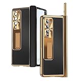für Samsung Galaxy Z Fold 4 Hülle Scharnierschutz Aluminiumlegierung Leder hülle Integrierter Objektiv-Displayschutz und Ständer Stoßfeste Abdeckung mit S-Pen-Halter und Stylus (Schwarzes B)