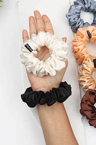 Image of Premium Satin Scrunchies for Women | Hair Bands, Ponytail Holders & Rubber Bands | Fluffy, No-Damage Hair Ties | Girls Hair Accessories | Medium Size | Pack of 6
