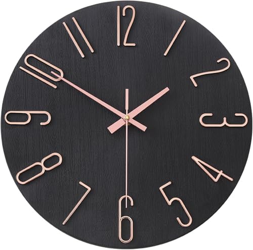 掛け時計 壁掛け時計 ウォールクロック 静音 連続秒針 北欧 おしゃれ 3D立体数字 見やすい 非電波 直径30cm 12インチ (黒色)