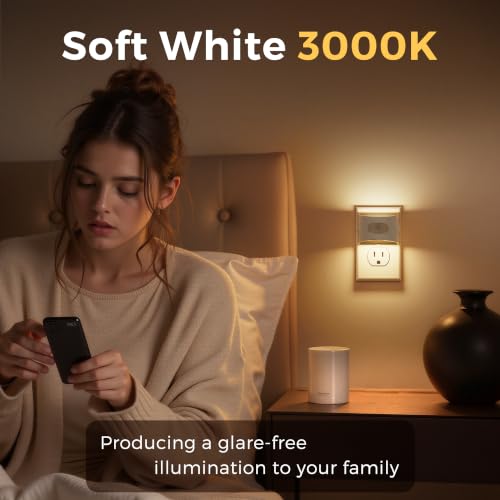 Image of L LOHAS LED Motion Sensor Night Light, Night Lights Plug into Wall, 4 Pack | Nightlight with Dusk to Dawn & Motion Detection Sensor, 30-100Lm Adjustable Brightness, 3000K Warm White, White Housing