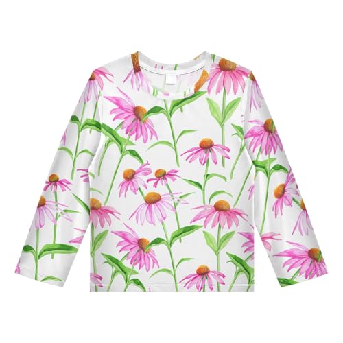 DOMIKING Echinacea Flower Watercolor White Boys Long Sleeve Rashguard Shirt Kids Quick Dry Swim Shirt for Toddler Kid 9-10T