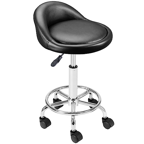 BAKAJI Taburete con Ruedas, Asiento Acolchado y Respaldo bajo de Piel sintética, Base con reposapiés de Acero Giratorio 360°, Altura Regulable, Ideal para esteticistas, Bares, cocinas, restaurantes