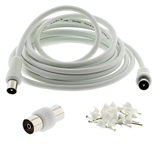 3C2V TV Coaxial Cable 10M - Nickel Plated RF Coax Extension Lead for Freesat Aerial Socket Freeview Sat DVD VCR SKY Smart U-HD TV Virgin BT Antenna Box Y Splitter Signal Booster 10 Meter