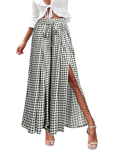 Simplee Women's Wide Leg Palazzo Summer Pants Casual Side Split Belted Waist Striped Floral Boho Flowy Beach Resort Outfits Black Plaid,M
