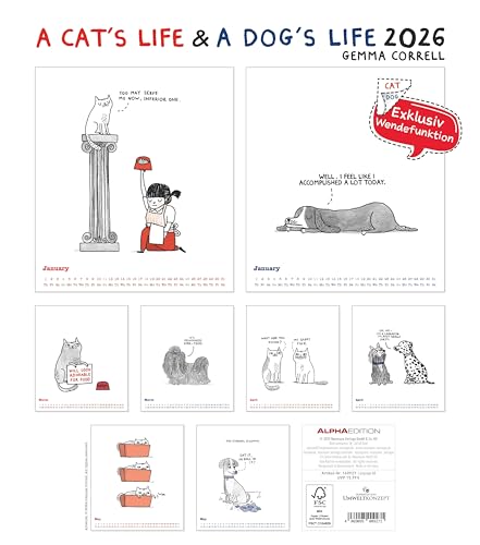 Alpha Edition - A Cat’s Life & A Dog’s Life 2026 – Wendekalender 30×30 cm (30×60 geöffnet) mit Katzen- & Hunde-Cartoons, humorvoller Wandkalender für Tierfreunde mit Illustrationen von Gemma Correll