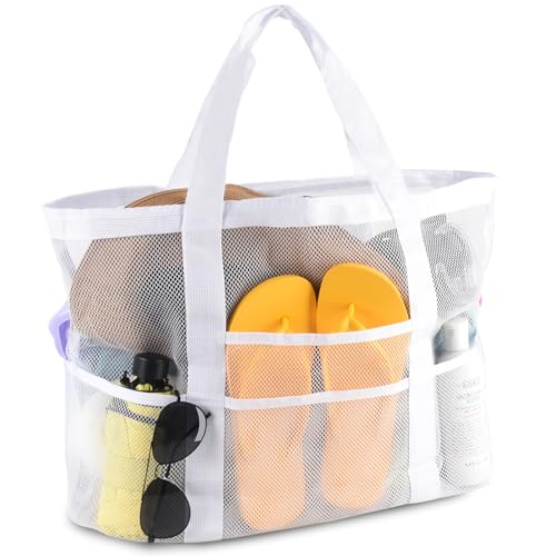 CaCTOUR Mesh Beach Bag,Large Beach Bags for Women with 8 Pockets,Packable Tote Bag for Beach Cruise Pool Vacation Essentials (White)