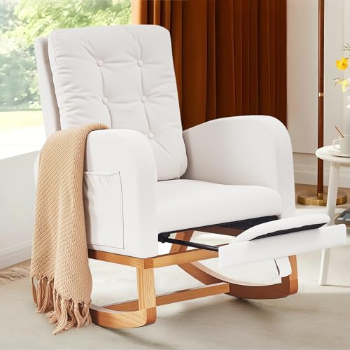 Image of VECELO Rocking Chair Nursery, Modern Sherpa Glider Rocker Accent Arm Chair with High Back and Side Pocket, Cozy Rocking Armchair for LivingRoom, Bedroom, White