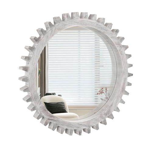 callmego Rustic Wood Wall Mirror with Gear-Inspired Frame for Living