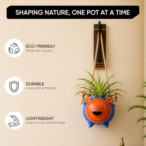 Image of AAKRITI ART CREATIONS Wall Hanging Planter with Hook | Blue Pig Design, Modern Art, Matte Finish | Metal, Terracotta & Wood | Decorative Hanging Pot for Indoor & Outdoor Home Decor