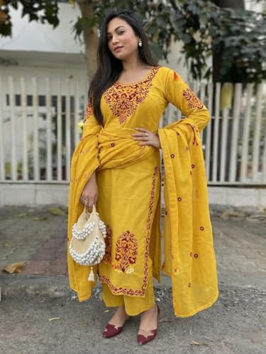 Image of GoSriKi Kurta Sets for Women Viscose Embroidered | Kurta Pant Dupatta Set | Straight Kurti Set for Women | Round Neck 3 /4 Sleeve Ethnic Suit | Designer Indian Kurti Outfit with Pants