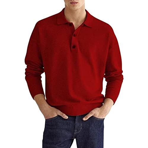 Mens Fashion Henley Shirts Casual Long Sleeve Button Cotton T-Shirt Lightweight Business Polos Sweater Tops (Large,Red)