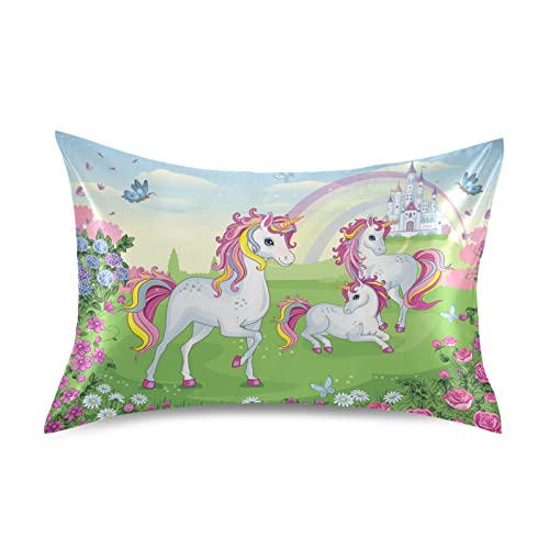 ALAZA Satin Pillowcase for Hair and Skin, Unicorn with Castle and Rainbow Decorative Soft Pillow Cases Queen Size 30x20 inches