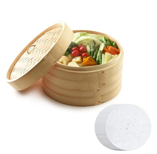 MineSign Cuiseur vapeur en bambou de 30,5 cm à 2 niveaux pour raviolis - Design traditionnel - Pour dim Sum, légumes, poisson et viande