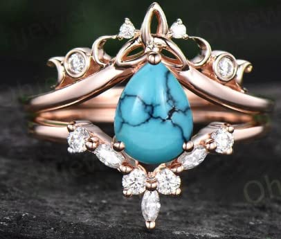 Unique Bridal Ring Set Pear Turquoise Engagement Ring Set Vintage Diamond Ring Set Rose Gold Silver Women Cluster Marquise Ring Fine Jewelry #TOP1