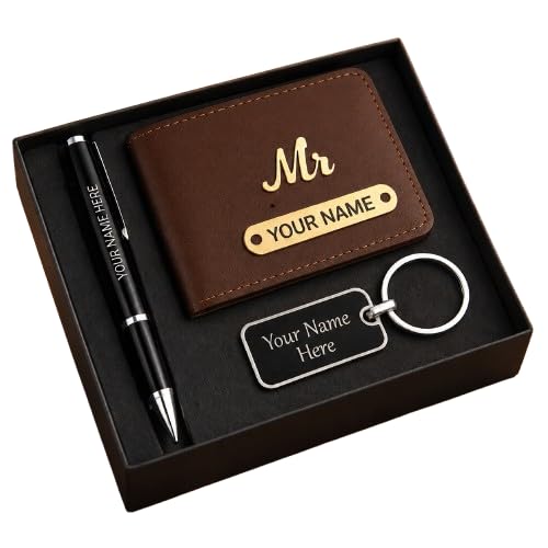 personalised bifold wallet gift set, pu leather, with engraved keychain and pen, 3 piece set for men (brown)
