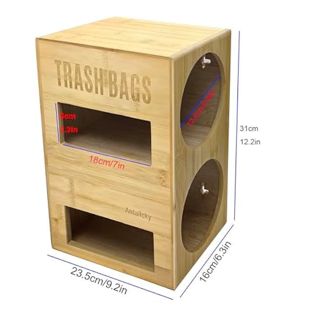 Antallcky Bamboo Trash Bag Dispenser Roll Holder 13 Gallon 2 Rooms,Garbage Bag Storage Dispenser Organizer Wall Mount or Under Sink for 2 Rolls of Plastic Bags(Up to About 160 Bags)