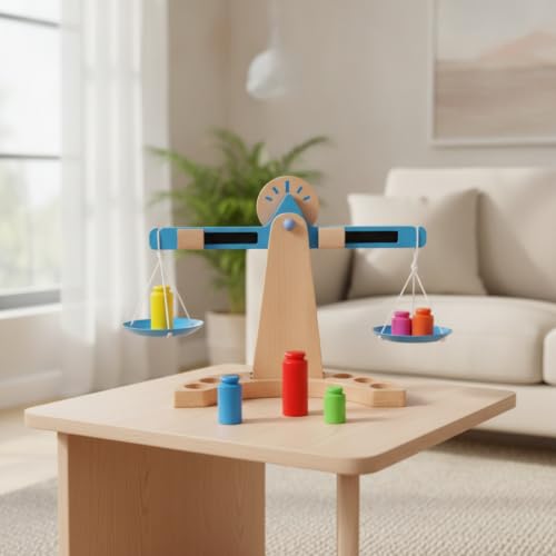 Menolana Children Balance Scale Classroom Balance Scale Toy with Beechwood Frame Trays Weight Blocks Slot Storage Smooth Non Paint Suitable for Group Lessons Early Math Practice Educational Play - Image 2