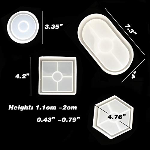 Set Of 4 Coaster Silicone Molds For Resin Casting, Diy Crafts Tray Moulds For Jewelry Box Flower Pot Cup Mug Bowl Mat, Epoxy Resin, Concrete, Cement, Clay - Oval, Square, Round, Hexagon #TOP1