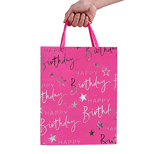 Elephant-Package Paper Gift Bag Silver Metallic Happy Birthday Printed, Large Gift Bag For Kids Birthday (12.6" Pink) #TOP5