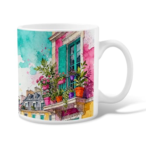Image of Balcony Ceramic Coffee Mug, Artistic Colorful Flowers Pots Spring Turquoise Novelty Office Drinking Cup with Handle Ideal for Friendship Family Colleague Staff Sweetheart Teachers 11 Oz