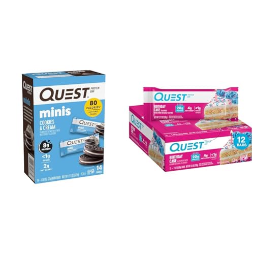 Quest Nutrition Mini Cookies & Cream Protein Bars, High Protein, Low Carb, Keto Friendly, 14 Count & Birthday Cake Protein Bars, High Protein, Low Carb, Gluten Free, Keto Friendly, 12 Count