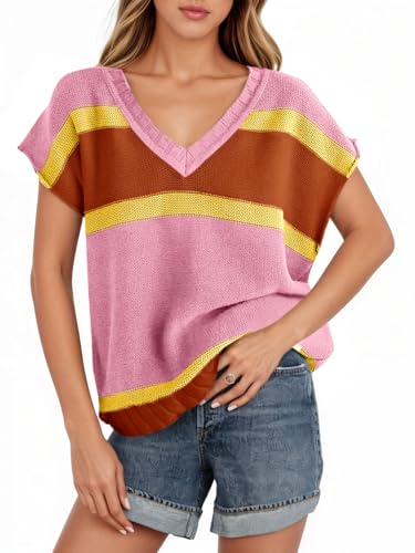 Image of Saodimallsu Womens Cap Sleeve Sweater Vest Top Summer Color Block Loose Knit Going Out Shirts Pink