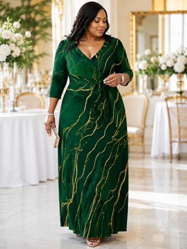 Image of Plus Size Dresses for Women Print Maxi Dresses 3 /4 Sleeve with Belt