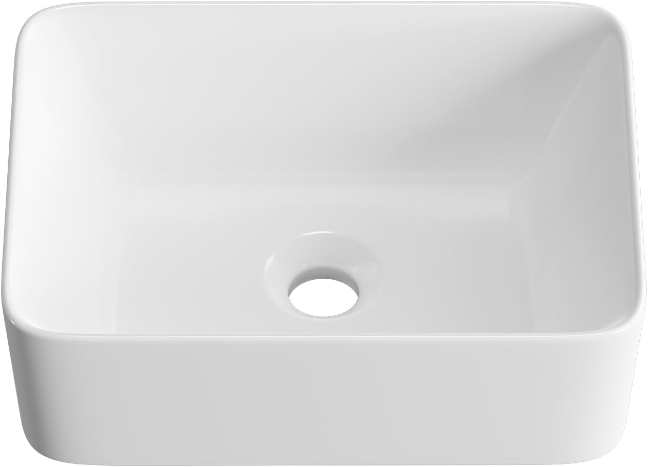 Rectangular Bathroom Vessel Sinks: 16x12 Inch Small Bathroom Sink, OCEALAGOON Modern Classic White Porcelain Ceramic Countertop Bowl Sink for Bathrooms Powder Room Restroom Lavatory, OC1402