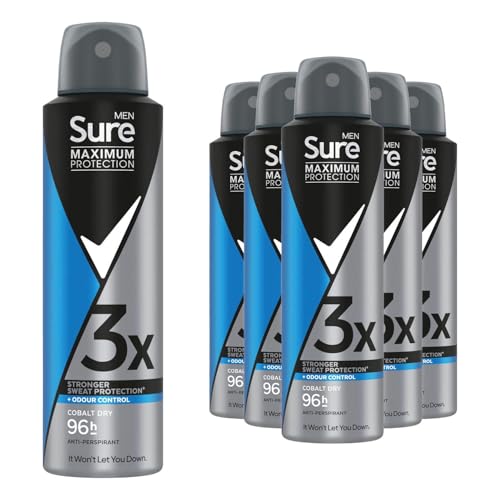 Image of Sure Men Maximum Protection Anti Perspirant Deodorant Spray Cobalt Dry, Pack of 6, Alcohol Free Deodorant for Men 96-Hour Odour and Sweat Protection, 150ml