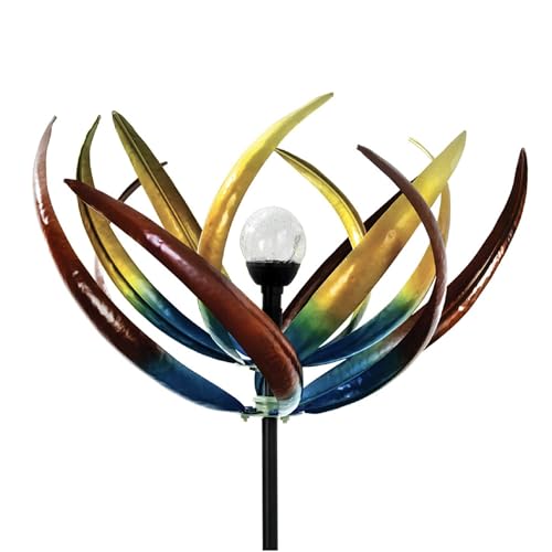 Bits and Pieces Tulip Wind Spinners Outdoor Solar Lighted Metal Wind Spinner, Large Kinetic Garden Sculptures, Crackle Glass Light, Multi-Colored Garden Decor