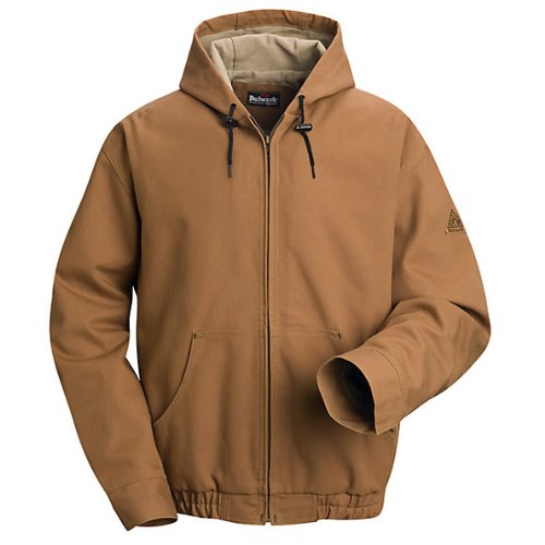 Bulwark Flame Resistant 11.5 oz Cotton/Nylon Excel FR ComforTouch Long Brown Duck Hooded Jacket with Attached Three-Piece Hood with Drawstring and Toggles, Brown Duck, Large Bulwark Flame Resistant 11.5 oz Cotton/Nylon Excel FR ComforTouch Long Brown Duck Hooded Jacket with Attached Three-Piece Hood with Drawstring and Toggles, Brown Duck, Large