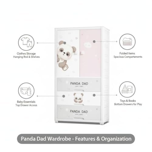 Image of YASONIC Plastic Wardrobe for Kids Clothes - Durable, Easy to Use Anti-Skid & Non-Slip Effective Professional Collapsible Wardrobe, Plastic Cupboard for Kids, Foldable Almirah (Panda, 1+3 Tier)